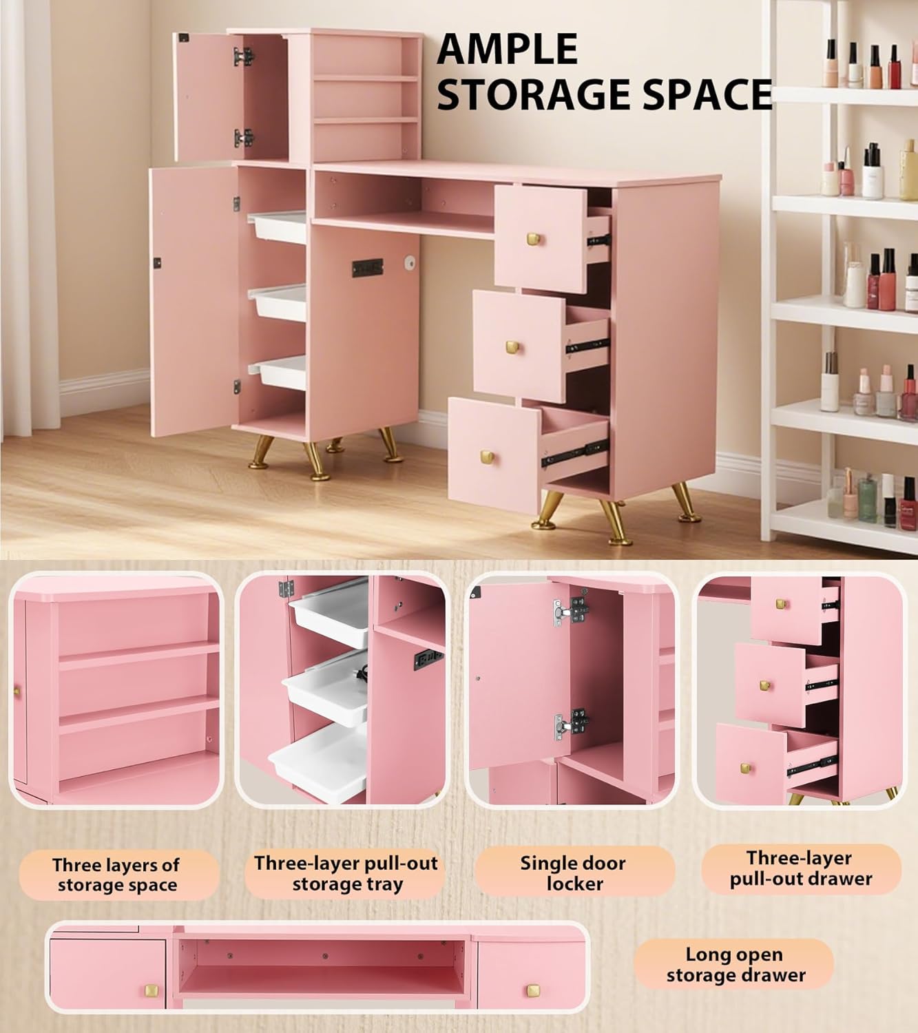 Pink Nail Table for Nail Tech, - Beauty Makeup Desk recension och pris