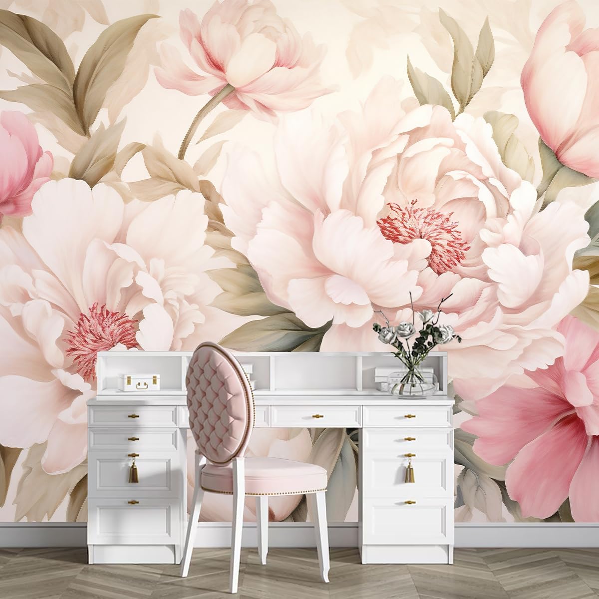 Elegant Peony Floral Mural Wal - Beauty Makeup Desk recension och pris
